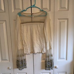 Free People mesh/embroidered bell sleeve top